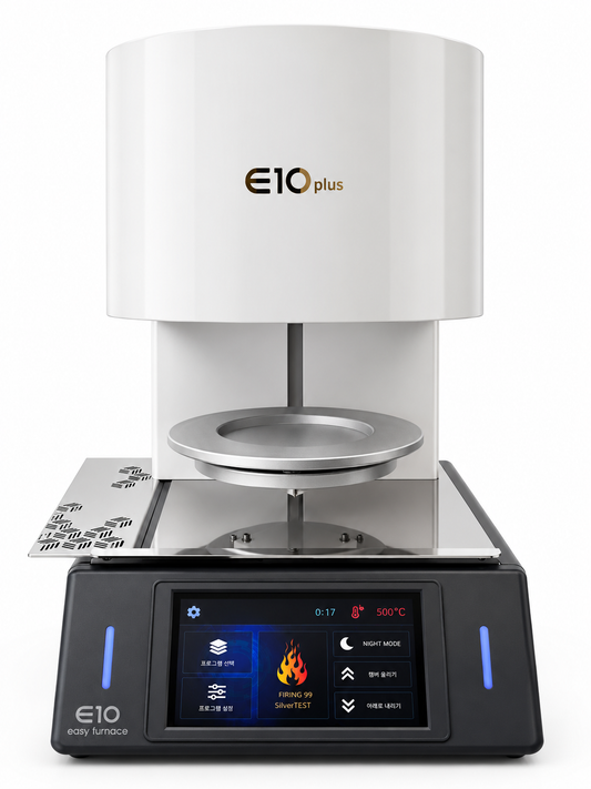 E10 Plus dental porcelain furnace, front view with open firing platform and color touchscreen