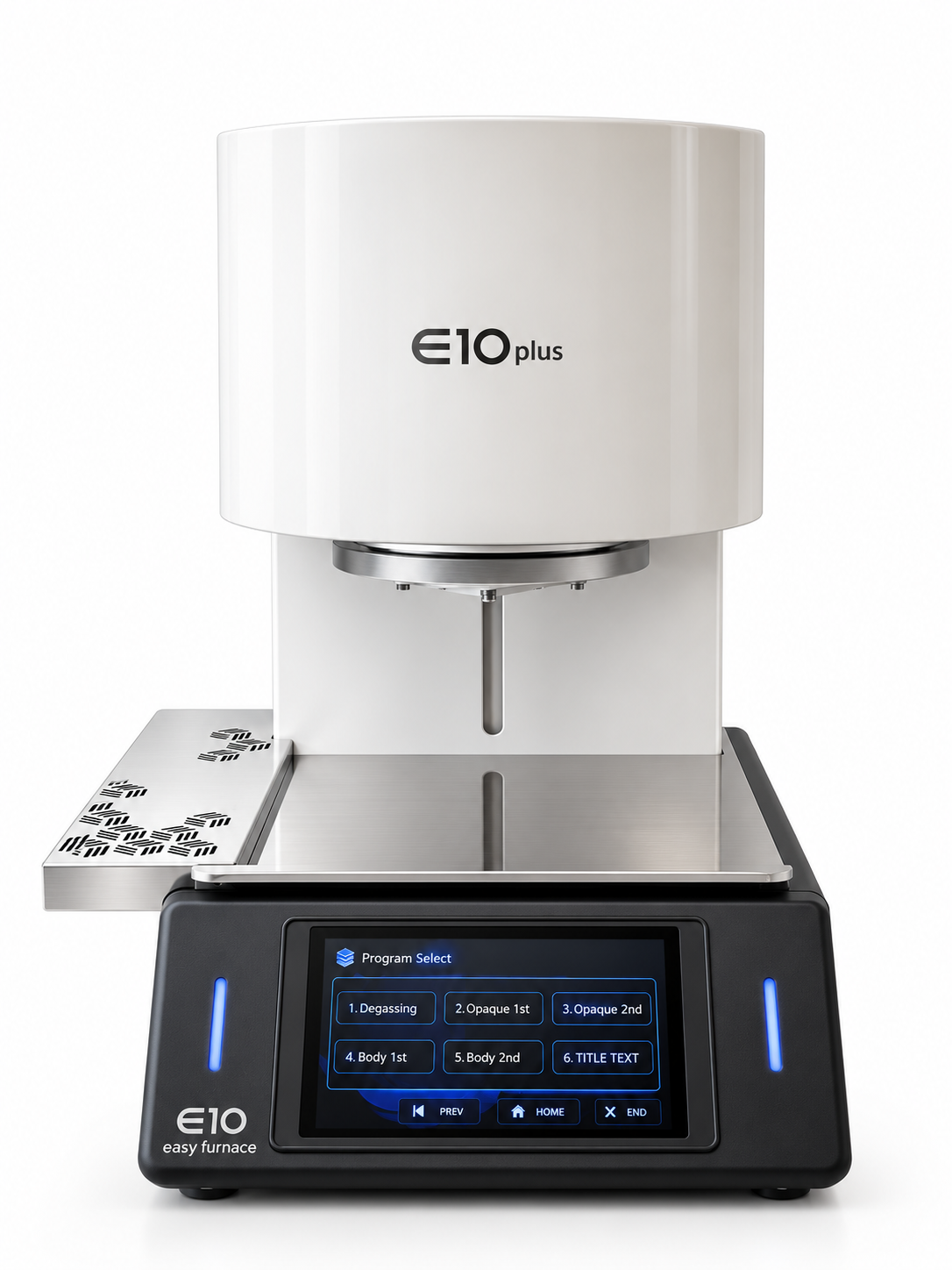 E10 Plus porcelain firing furnace, front view with chamber closed and program selection touchscreen