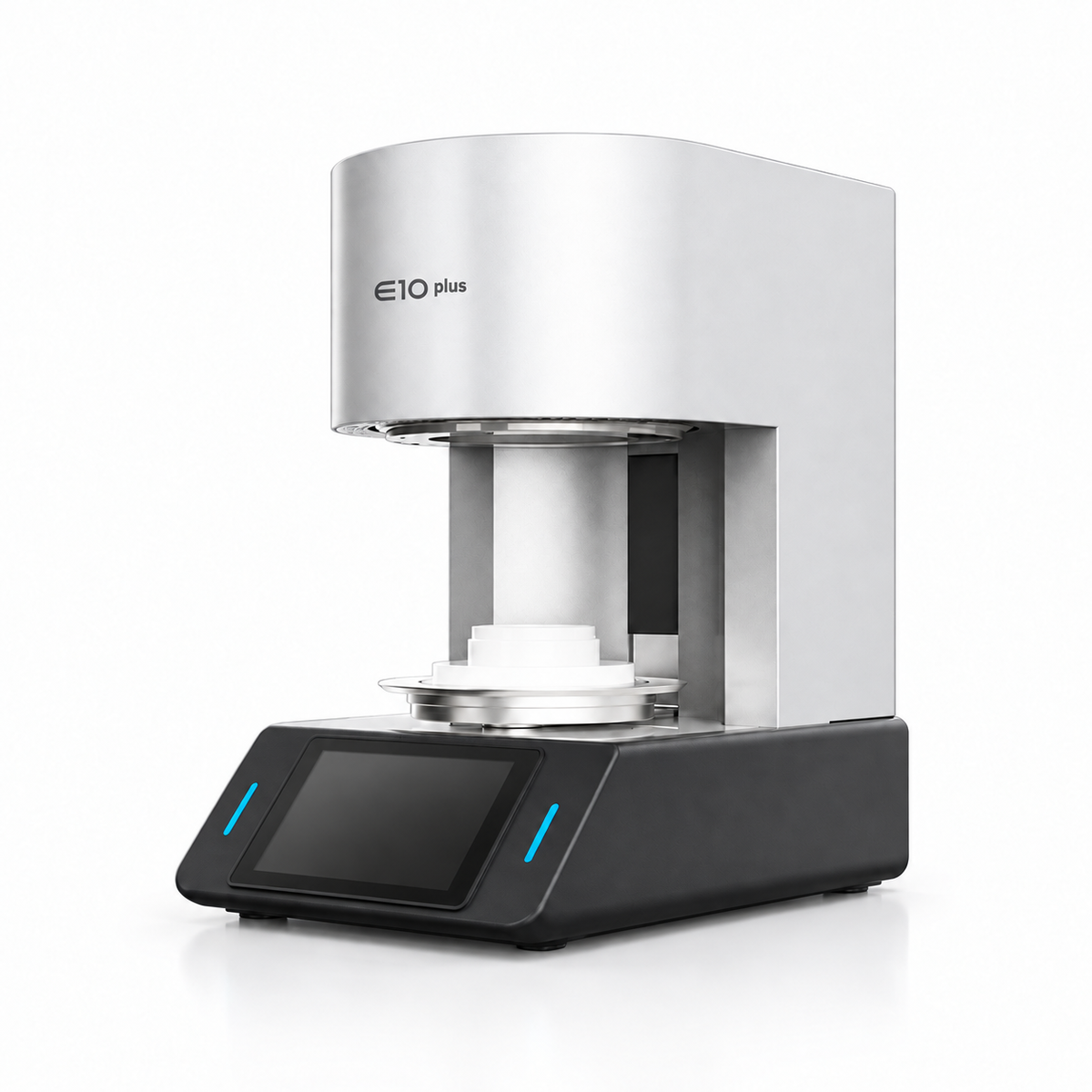 E10 Plus dental porcelain furnace, three-quarter view with ceramic firing tray and touchscreen